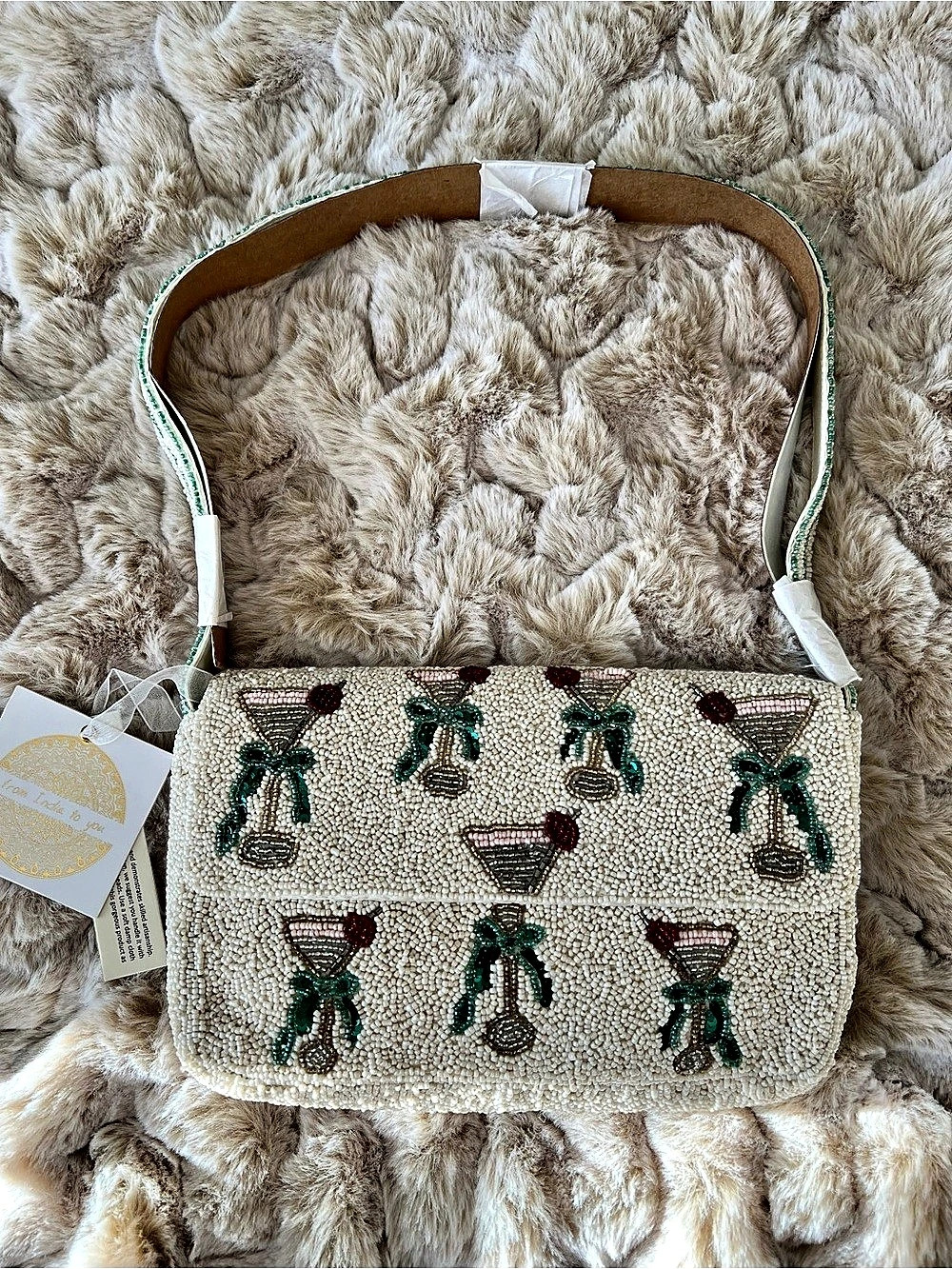 Beaded Martini Bow Shoulder Bag Beaded Shoulder Bag in Cream & Green NWT